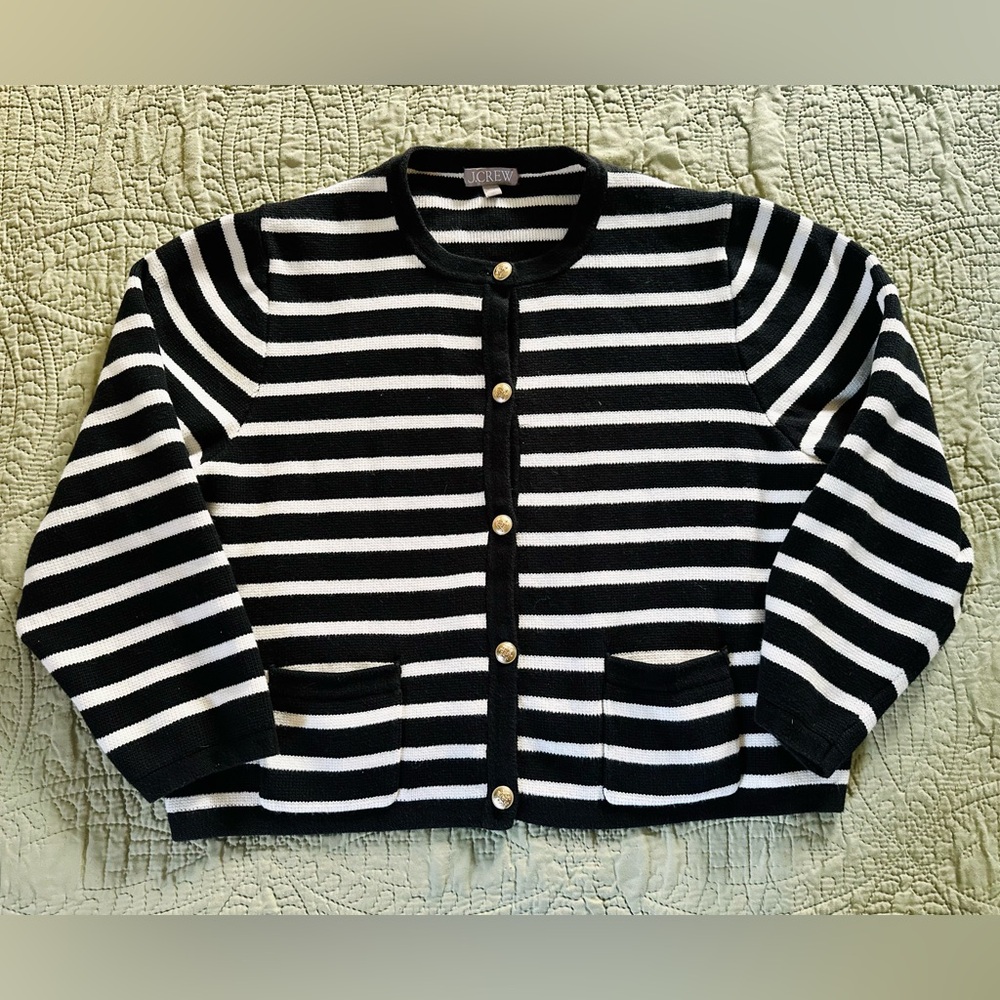 J. Crew Black & White Striped Gold-Button Cardigan